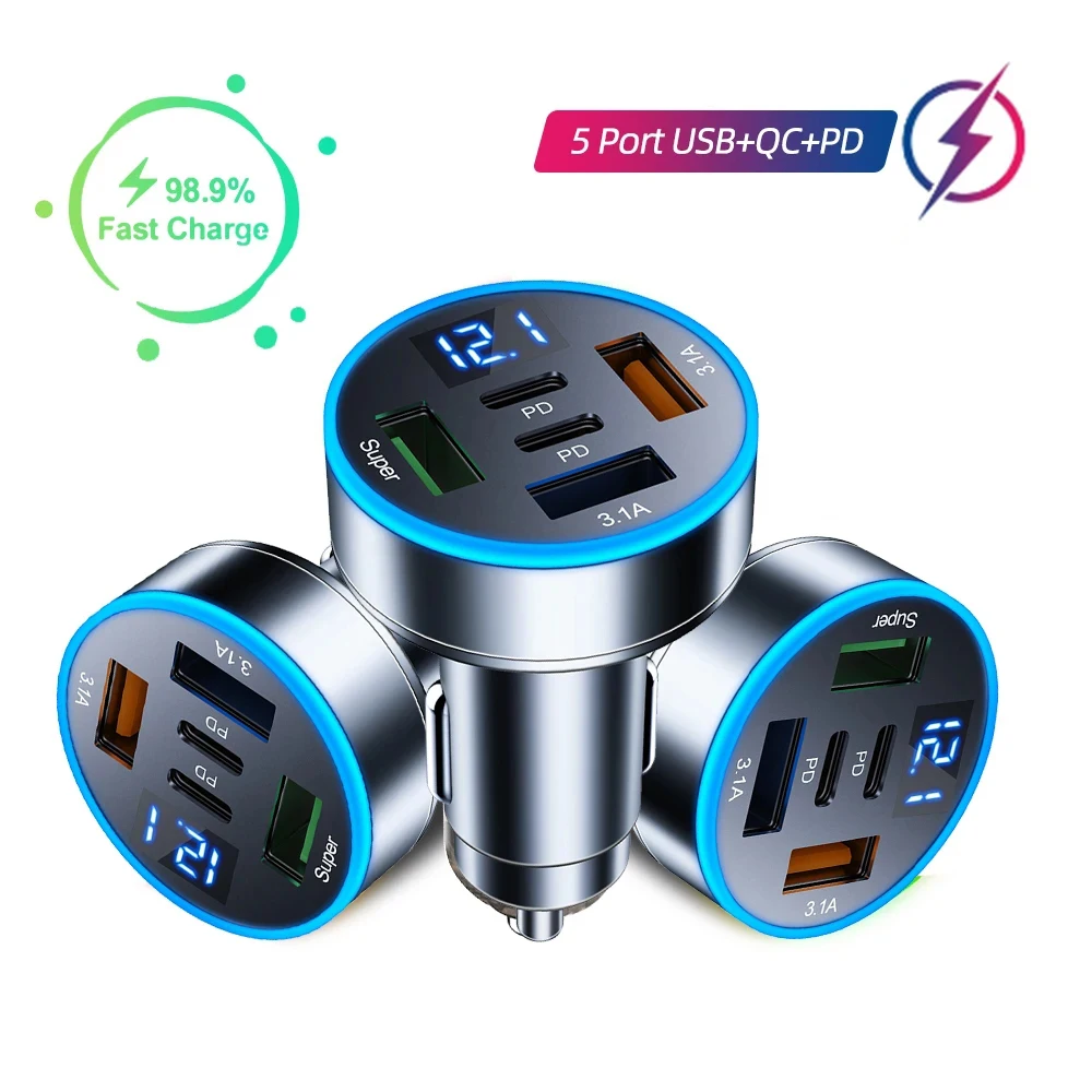 100W Car Charger 5 Ports Super Fast Charging With Digital Display Power Adapter USB Type C Car Charger For iPhone Samsung Xiaomi