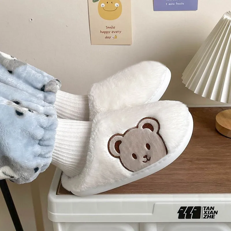 Winter Cartoon Bear Slippers Women Men Fashion Cute Fluffy Slippers Winter Warm Lovers Fur Casual Confinement ShoesTG03 2
