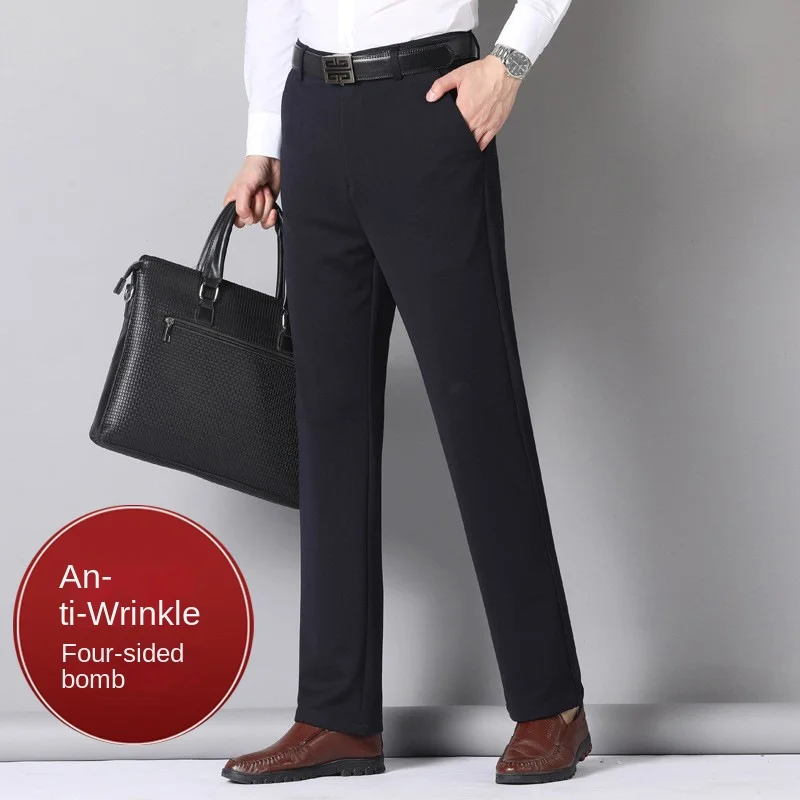 Winter Men's Business Warm Straight Casual Pants Male Clothing Flat Stretch Bamboo Office Overalls Thicken Fleece Trousers 4