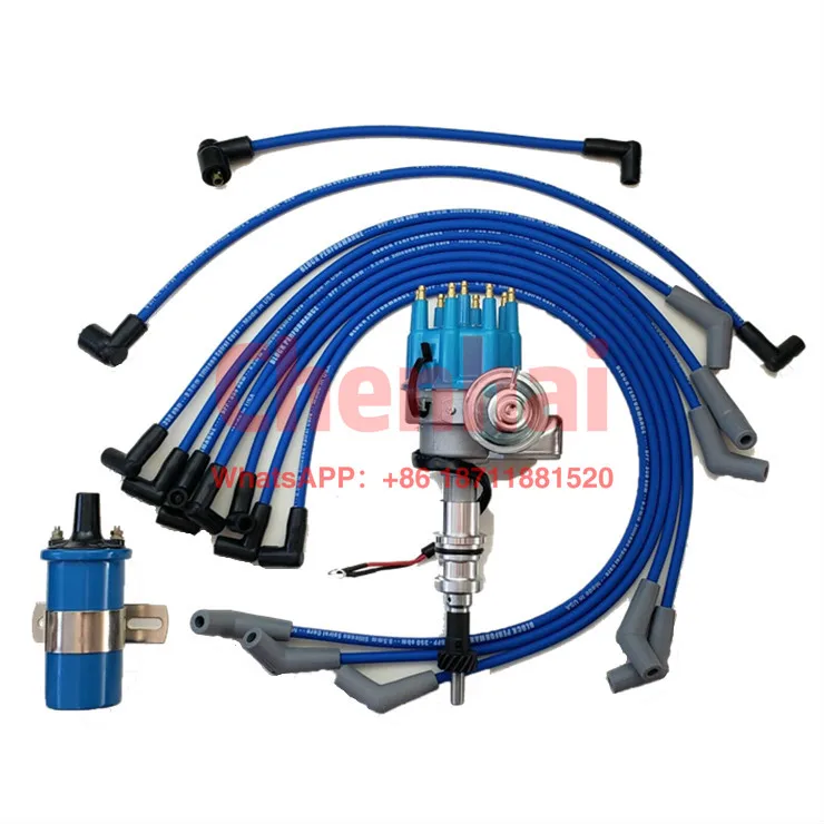 SBF Blue Distributor And Ignition Coil And 8.5mm Spark Plug Wires For Ford 289 302 10pc for ford for jcb new holland backhoe construction ignition key 92274 1592