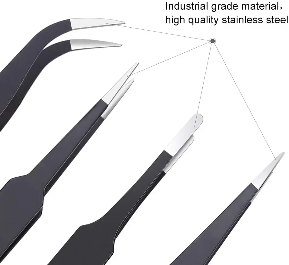 Precision Tweezers ESD Anti Static Tweezers Tweezer Tool ESD Anti-Static Precision Tweezers Kit Stainless Steel Maintenance Repair Tool Set Anti Static Model Making Tool Hand Set