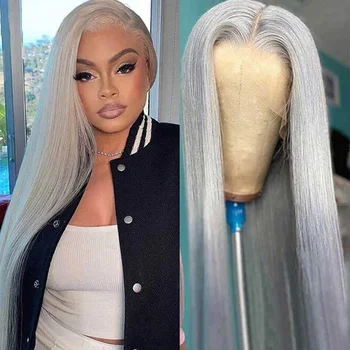 13x6 Hd Lace Human Hair Wig 30 40 Inch 180% Density Silver Gray Colored Vietnamese Bone Straight Human Hair Wigs For Black Women 1