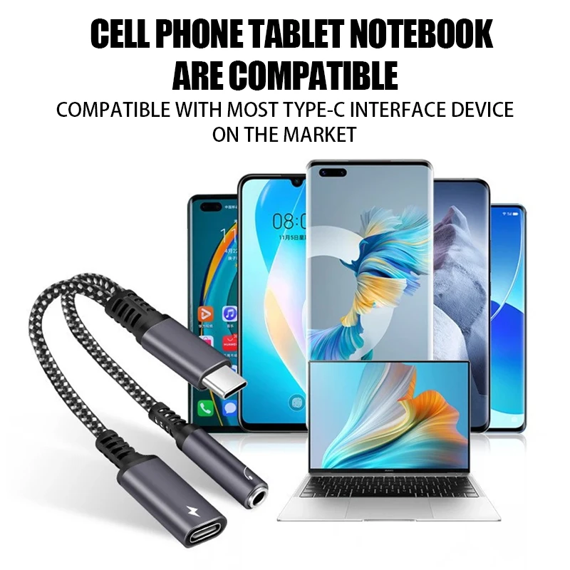 2 in 1 USB Type C To 3.5mm Aux Audio Splitter PD60W Fast Charging Cable For Xiaomi Samsung Huawei MacBook Headphone Jack Adapter