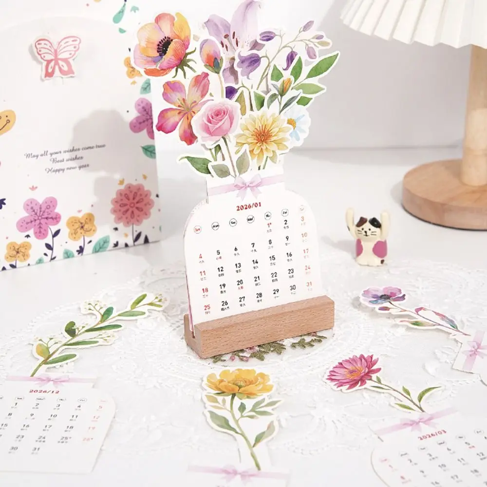 나무 받침대 2026 데스크탑 캘린더 탈착식 받침대 꽃 테마 블루미 플라워 데스크 캘린더 꽃병 모양 DIY 스탠딩 캘린더