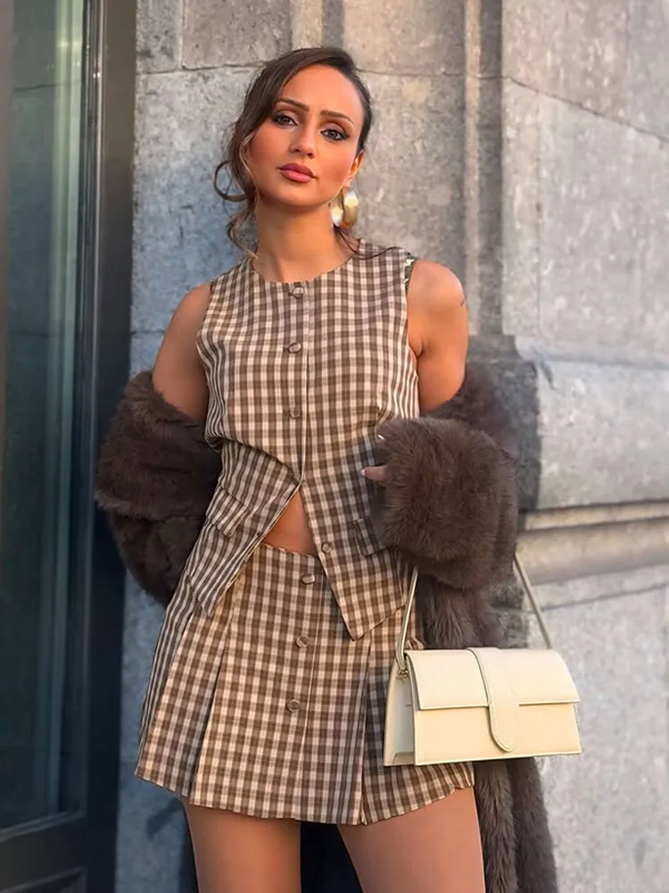 Women Elegant Plaid Print Pleated High Waist Mini Skirt Sets Retro Buttons  O-neck Sleeveless Top Suit Lady Street Outfits 2025 3