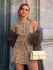 Women Elegant Plaid Print Pleated High Waist Mini Skirt Sets Retro Buttons  O-neck Sleeveless Top Suit Lady Street Outfits 2025 3