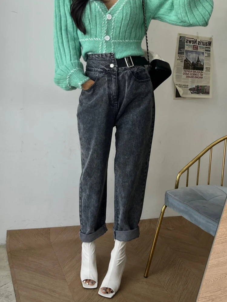 Stylish Haren Jeans Women Fashion Patchwork Adjustable Belt High Waist Straight Wide Leg Denim Pants Black Blue Trousers Girls
