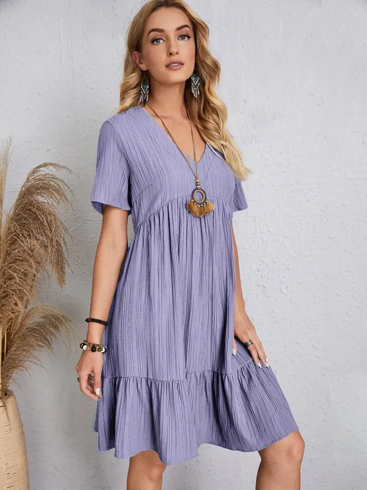 Elegant V Neck Ruffle Mini Dress - Womens Casual Summer Sundress