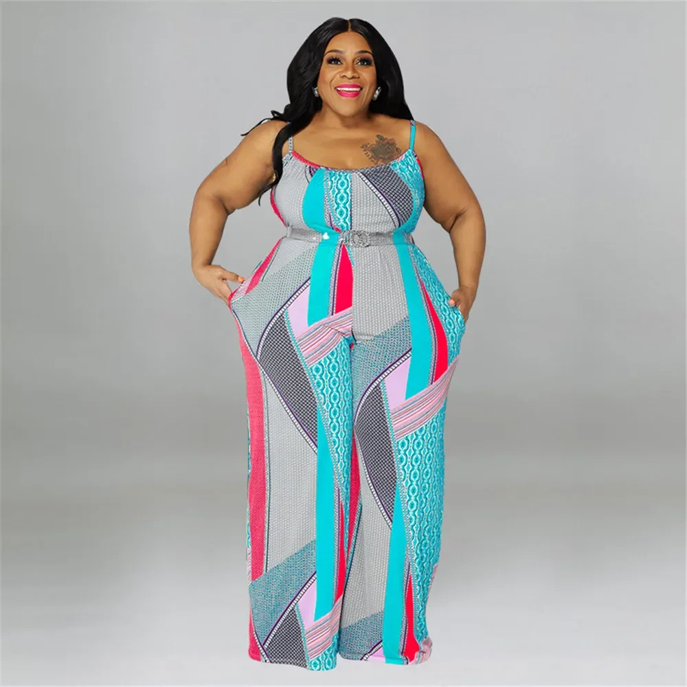 Wmstar Plus Size Women Jumpsuit Summer One Piece Print with Belt Slip Office Lady New Bodysuit Hot Sale Wholesale Dropshipping
