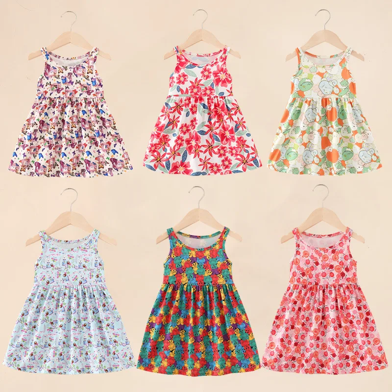 

Baby Girls Printed Milk Silk A-line Skirt Kids Flower Sleeveless Dress Summer Multicolor Korean Version Of Children's Clothing