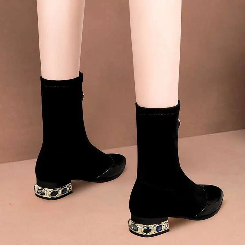 Shiny Sequin Ankle Boots For Women Pointed Square Heel Winter Shoes_voghion.com
