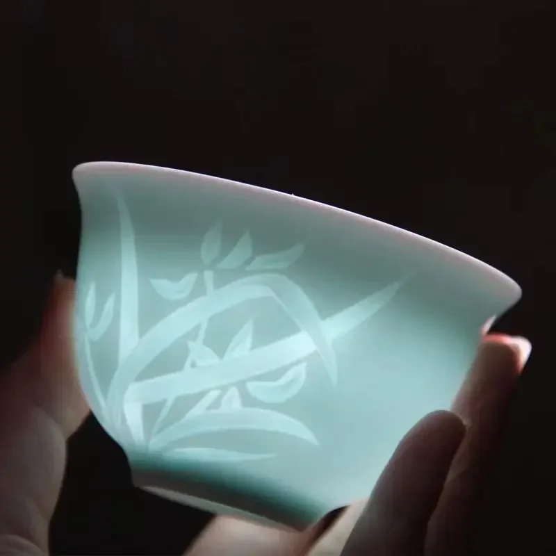 New China Kungfu Teacups Shadow Green/Azure Plum Orchid Bamboo Chrysanthemum Fish Ceramic Longquan Celadon Pu\'er Master Tea Cup