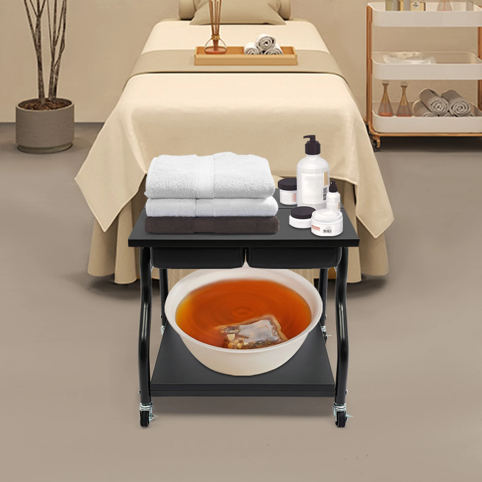 Foot Spa Bench Foldable 2-Tier Pedicure Station with Wheels & Brakes for Salon Foot Bath Massage Manicure
