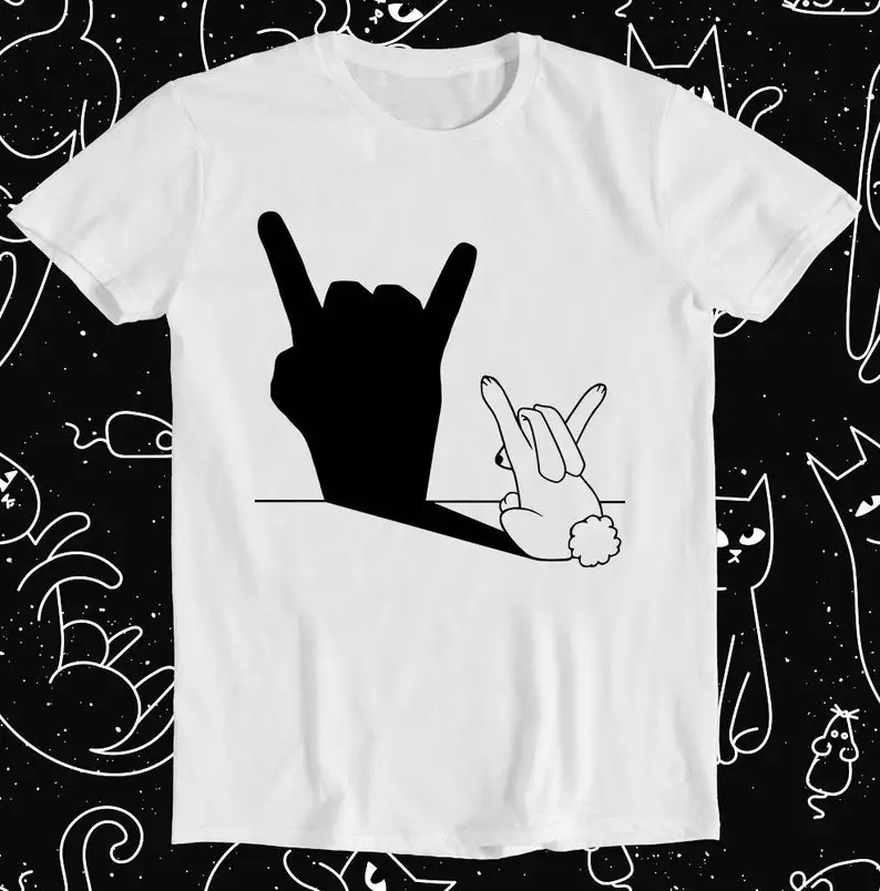 

Rabbit Rock and Roll Hand Shadow Meme Style Unisex Gamer Movie Music Top Mens Womens Adult Gift Funny Tee T Shirt 854