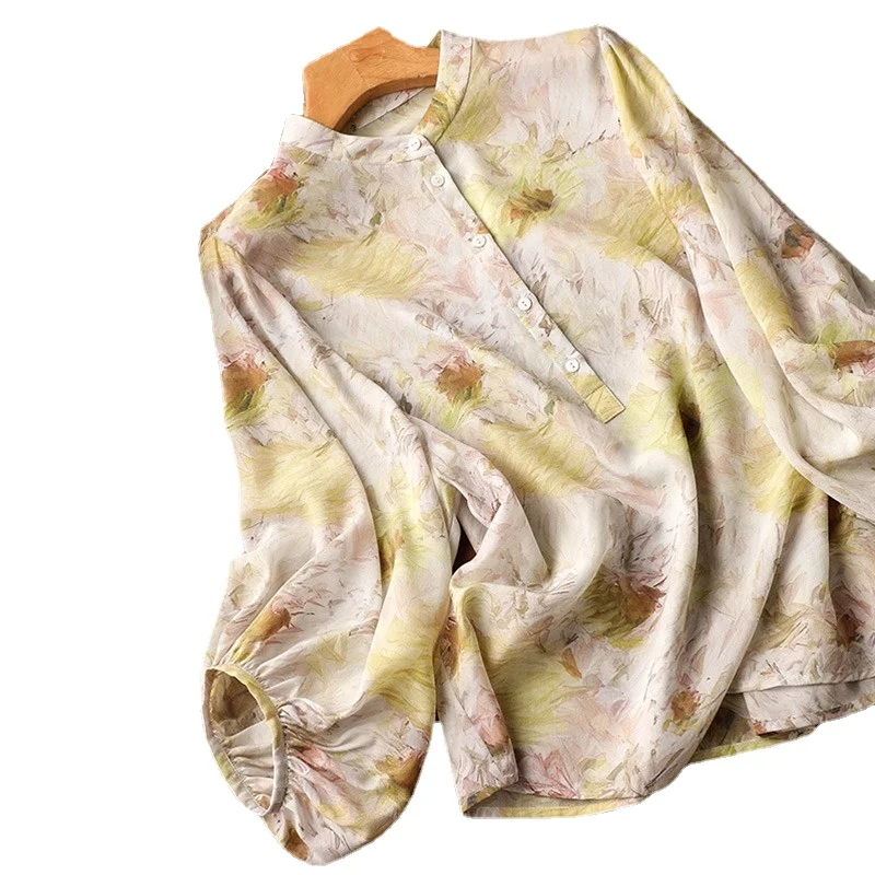 

Шифоновая женская рубашка с принтом, винтажные блузки, летние женские Топы с коротким рукавом и круглым вырезом, свободная модная одежда YCMYUNYAN