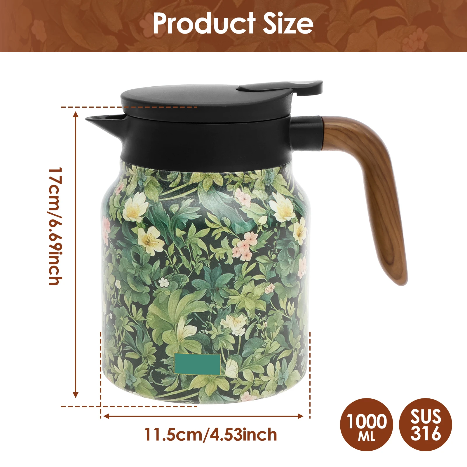 Elegant Floral Stainless Steel Insulated Tea Kettle with Handle and Built-in Infuser, 1L Capacity