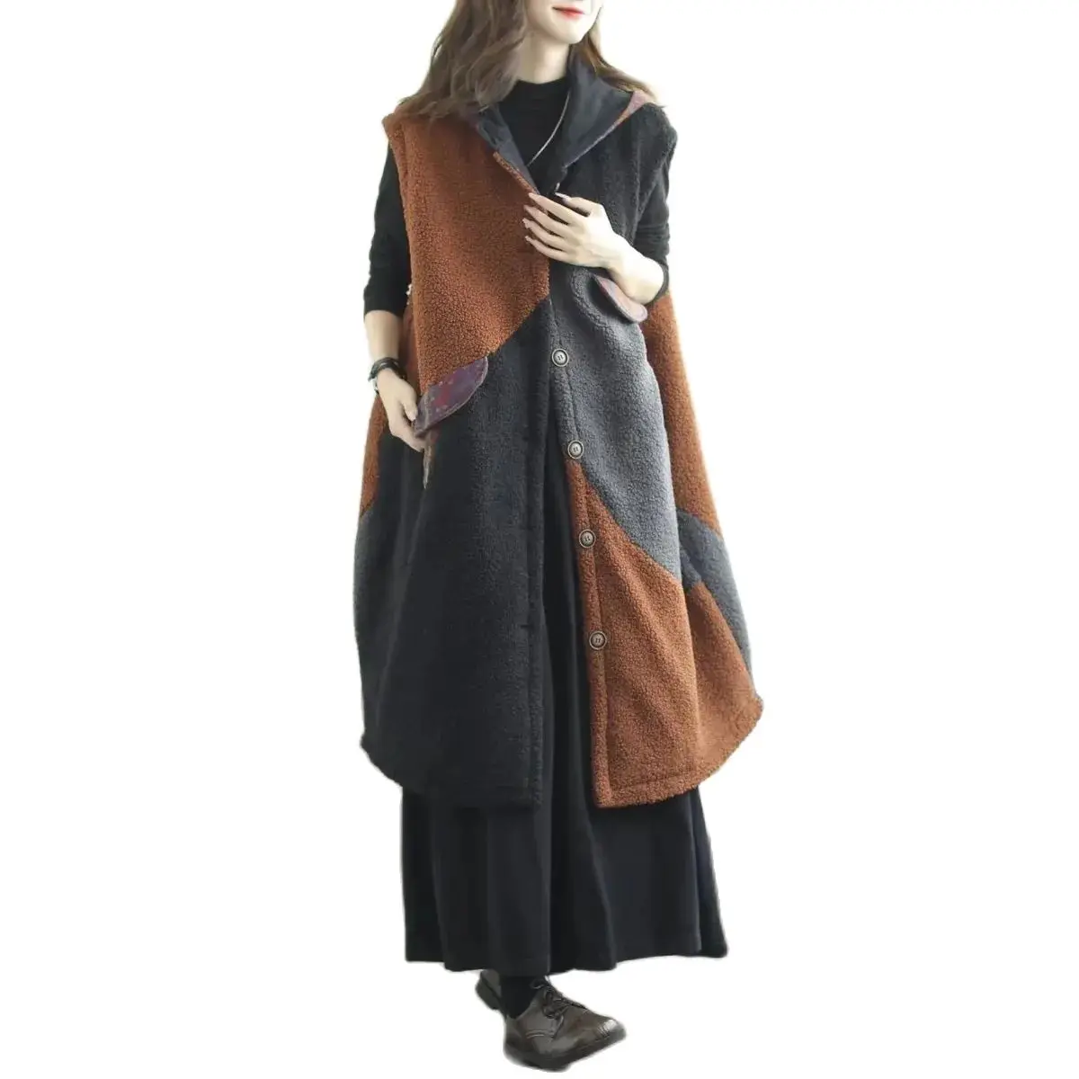 

Lamb Wool Long Hooded Vest Woman Autumn Winter Thick Warm Splice Loose Casual Sleeveless Coat Streetwear Pockets Clothes