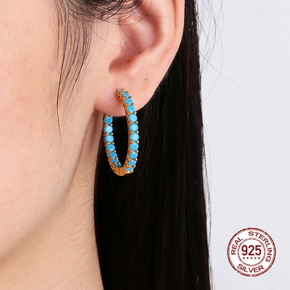 

Solid Silver 3CM Hoop Earring Pave 3MM Turquoise Stone Rhodium/18K Gold Plating 925 Sterling Silver Circle Round Earrings