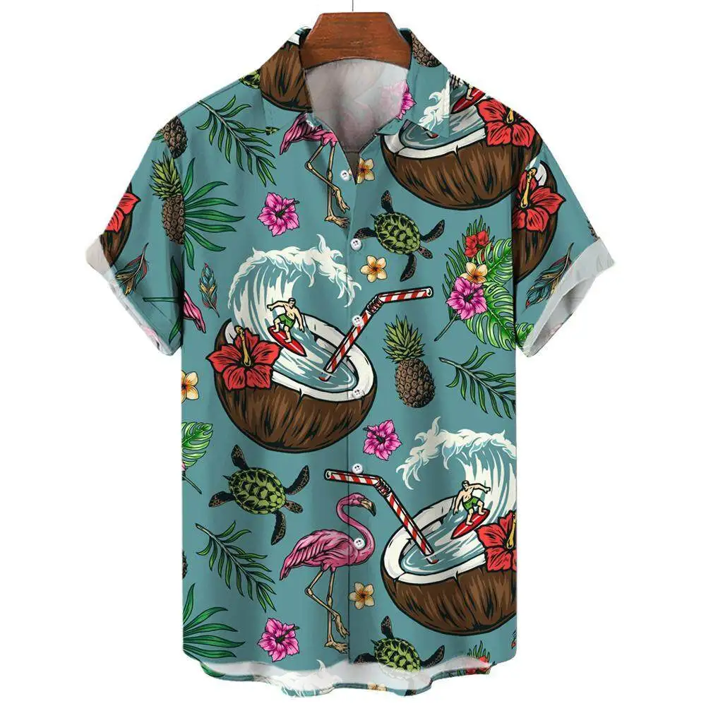 Summer Fashion Men's Short Sleeve Shirt Hawaiian Coconut Tree Print Street Casual Seaside Vacation Oversized Men's Shirt Tops 3