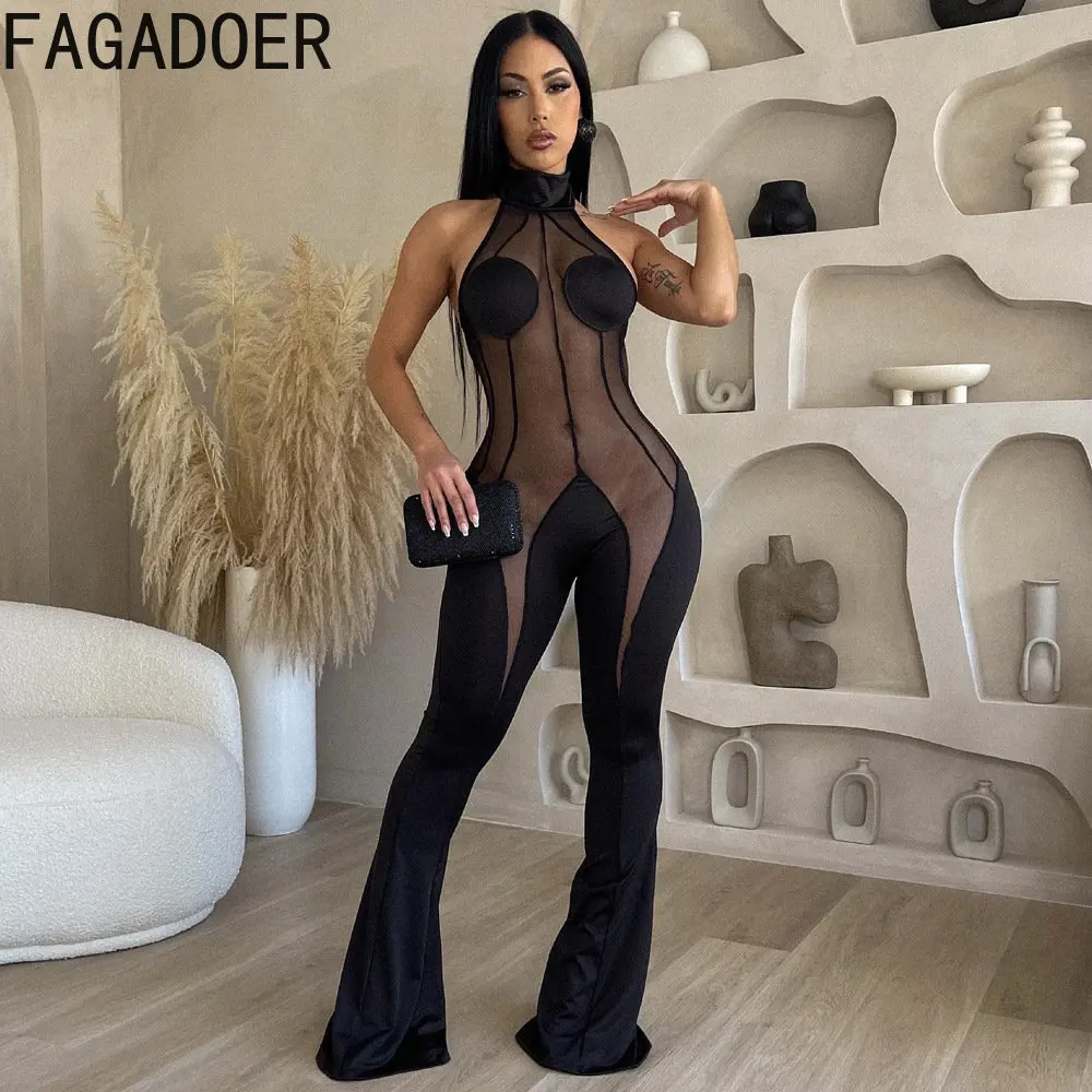 FAGADOER Sexy Mesh Perspective Halter Jumpsuits Women Patchwork Sleeveless Flare Pants Playsuits Female Backless Bandage Overall