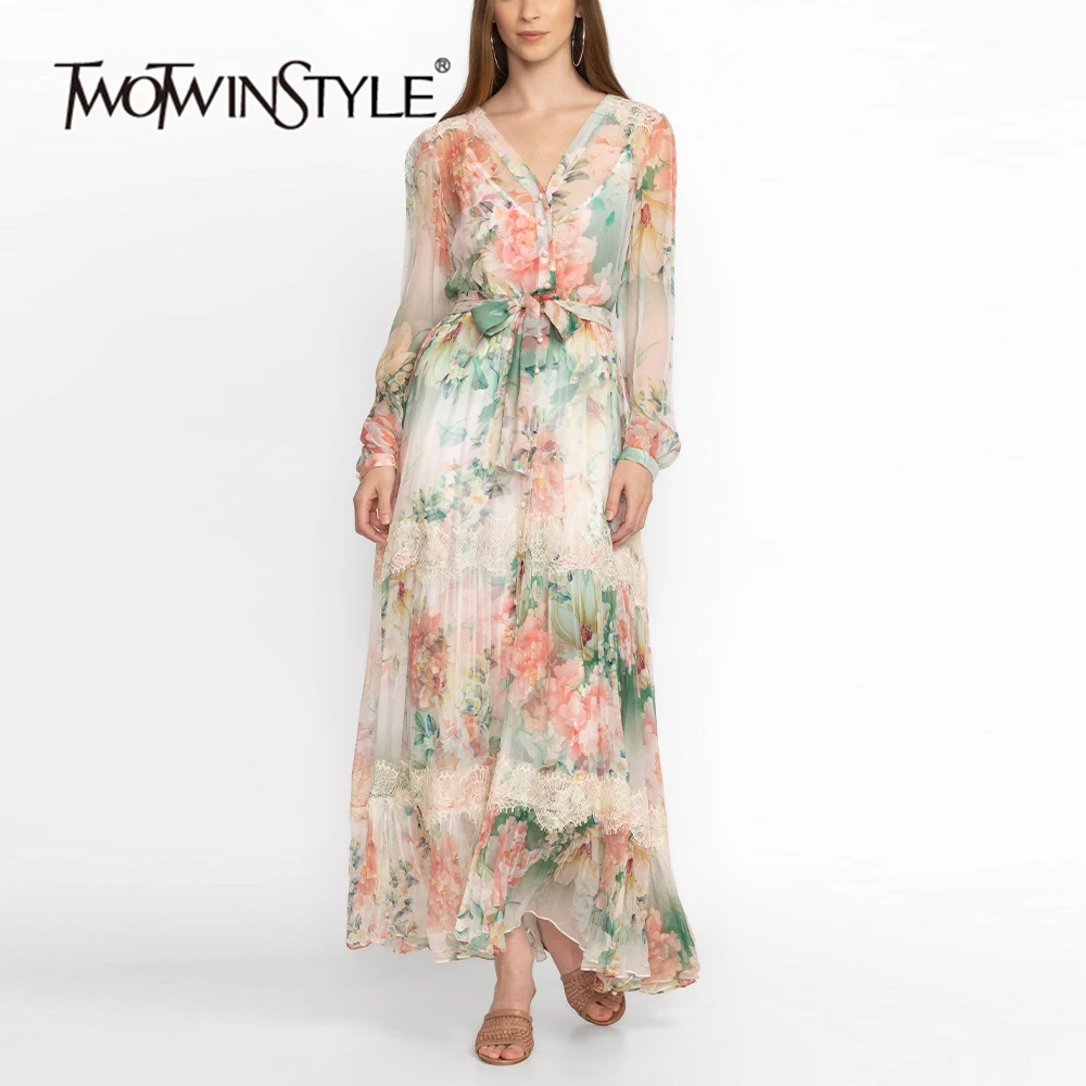 TWOTWINSTYLE Hit Color Printing Mesh Dress For Women V Neck Long Sleeve High Waist Spliced Mesh Elegant Dresses Female KDR506774