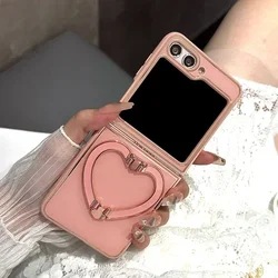 Cute Cartoon Love Heart Bracket Case with Plating Cover - Z Flip 5 (Pink)