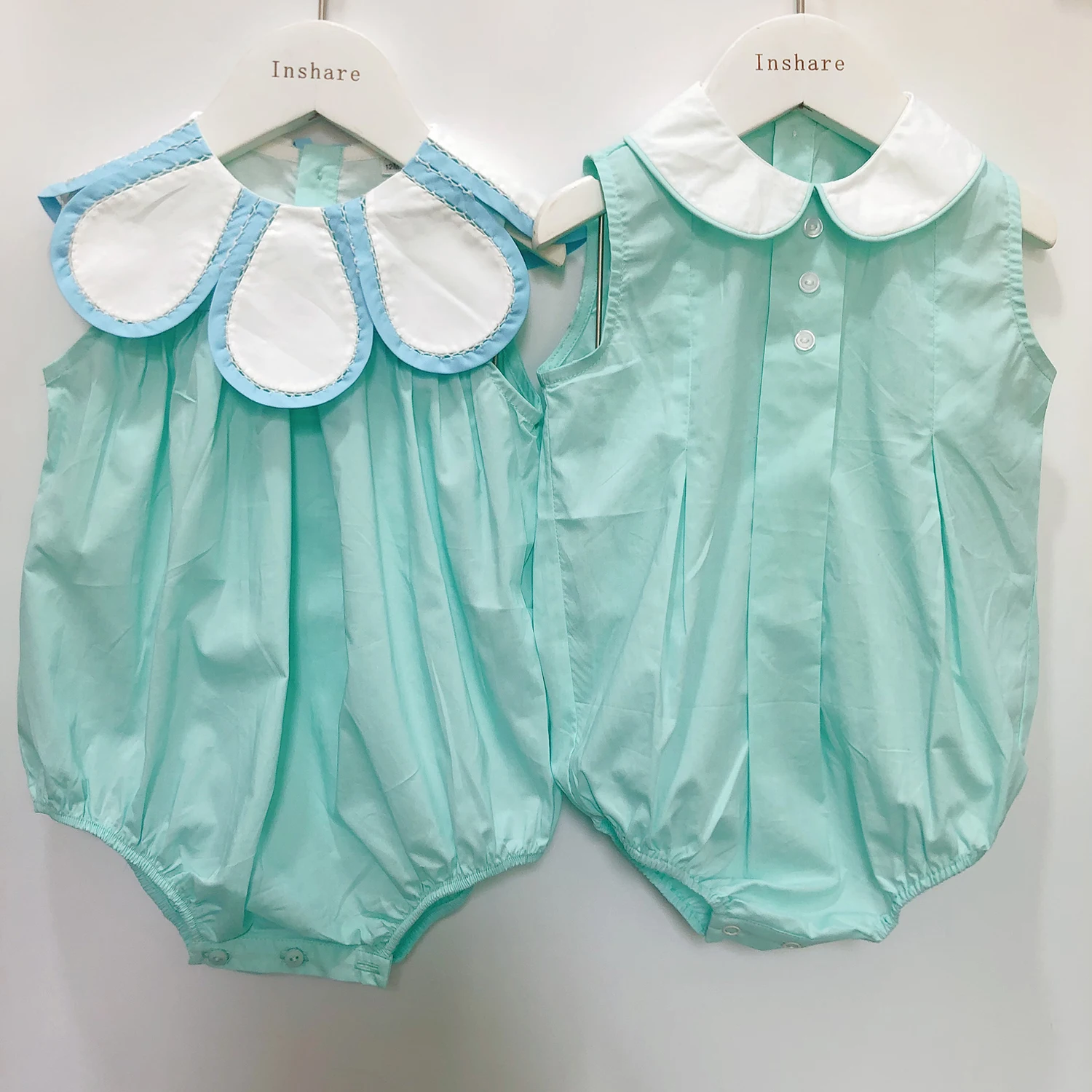 Children Boutique Clothing Baby Girl Sleeveless Cotton Bubble Green Hand Splicing Flower Collar Cute Sibling Outfit 2