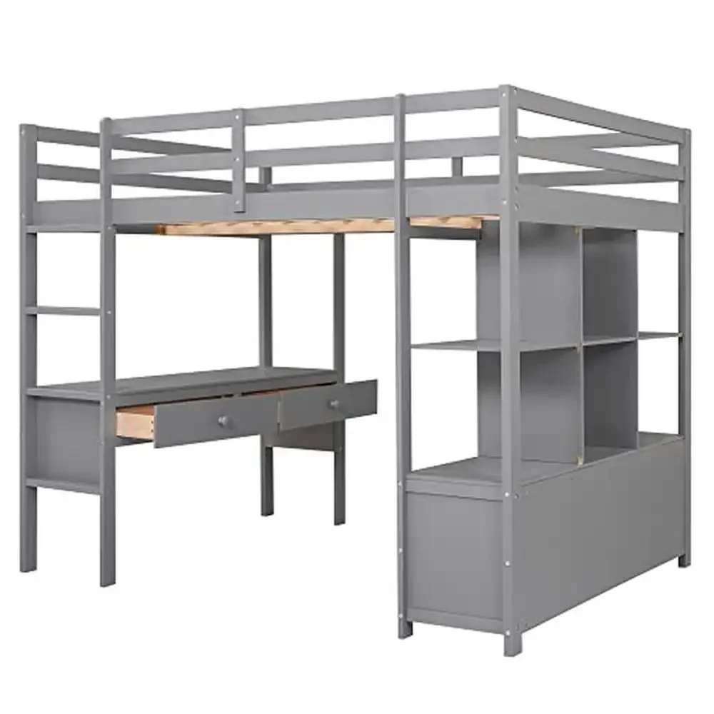 Full Size Loft Bed with Desk Storage Drawers Shelves Multifunctional High Loft Beds Kids Crafted Pine Wood Ladder Classic Design