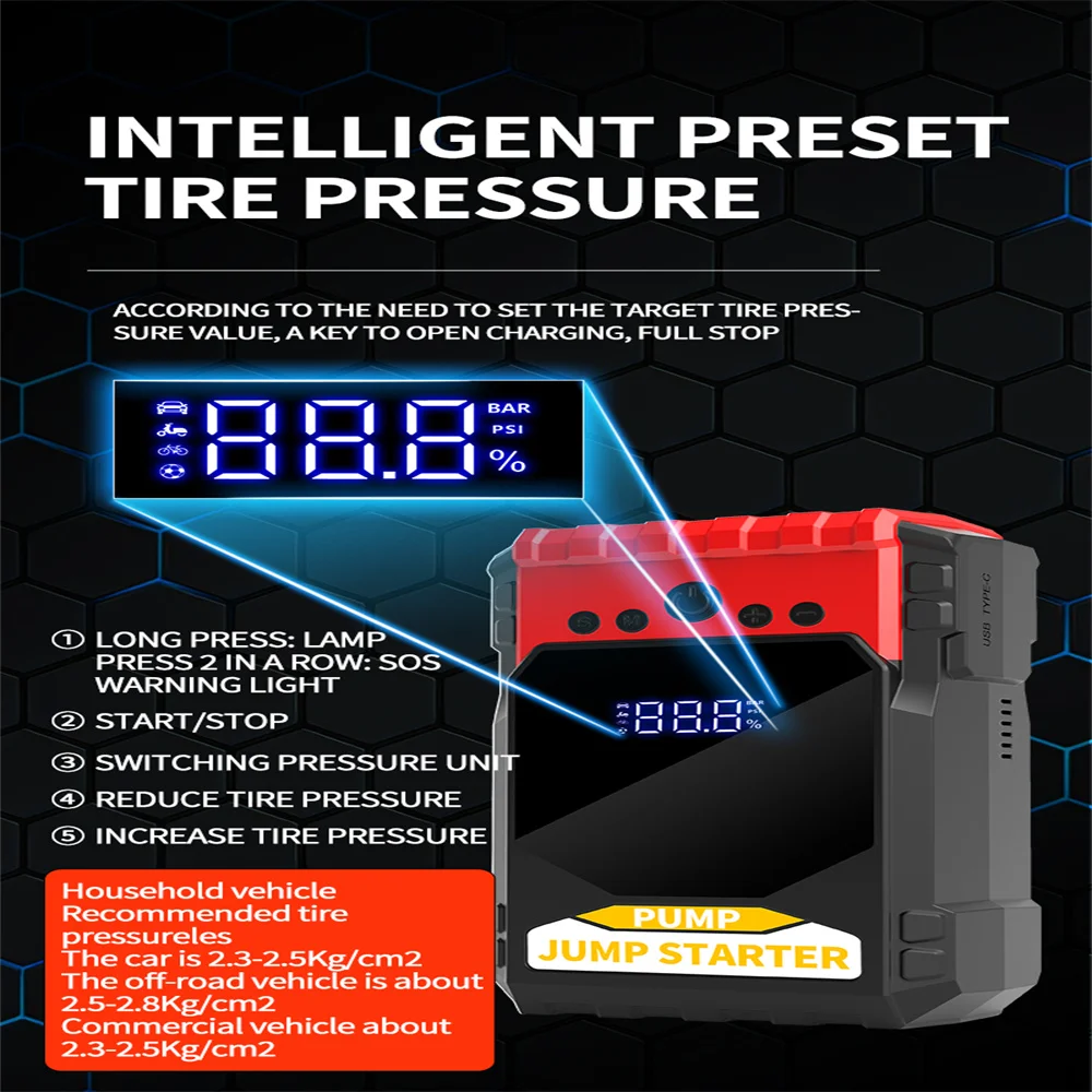 4 In 1 1000A Car Jump Starter Power Bank 10000mAh 150PSI Air Compressor Tire Pump Portable Charger Car Booster Starting Device