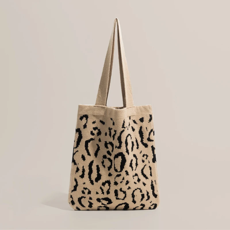 Knitted Leopard Print Tote Bag Animal Print Crochet Bag 