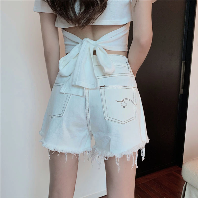 2021 Summer Women Korean Irregular High Waist White Denim Shorts New Female Fashion Casual A-line Short Jeans Ripped Tassel Wear