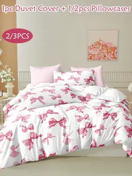 2/3-Piece Pink Bow Pattern Duvet Cover Set – Queen Size 1