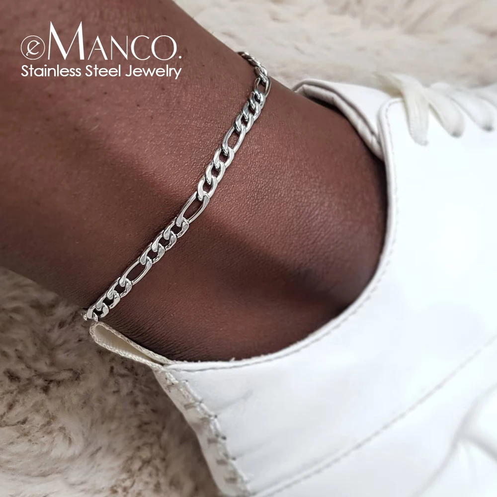 eManco Silver Color Franco Figaro Chain Anklets For Men Women Hip Hop Rapper Stainless Steel Foot Jewelry Leg Chain Ankle