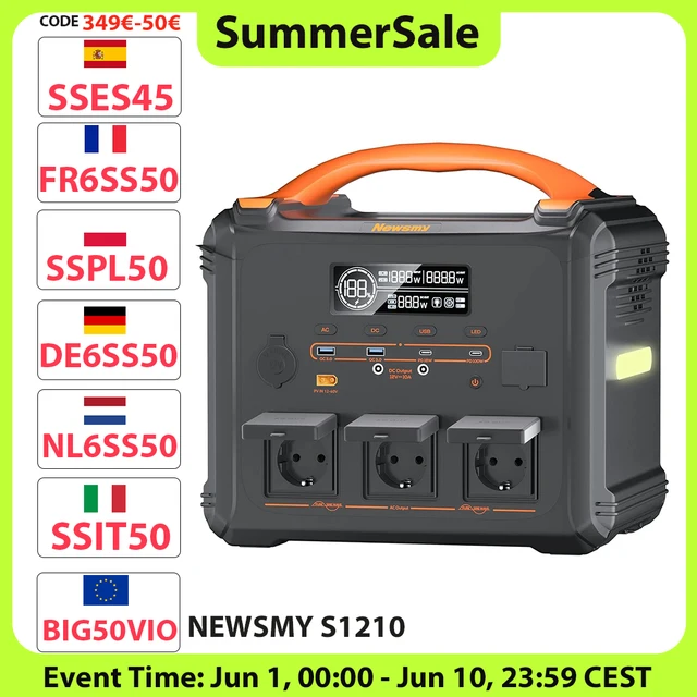 Station d'alimentation portable NEWSMY S1210 2000W, 3000W de pointe, batterie LiMnFePO₄ 1102,5Wh, charge rapide AC 1300W, générateur solaire MPPT 1