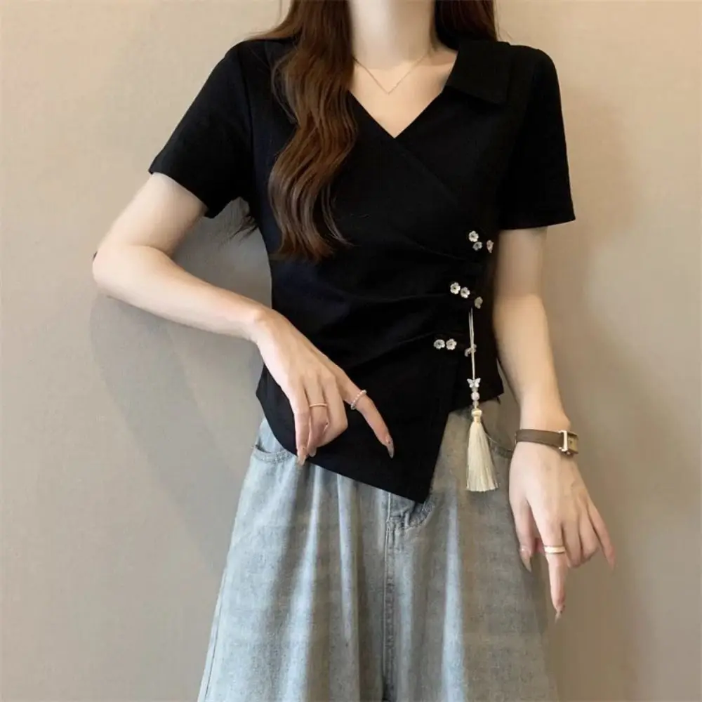 Tassel Pendant Irregular V-neck T-shirt Flower Button Lapel Women's Slim Crop Tops Chinese Style Streetwear