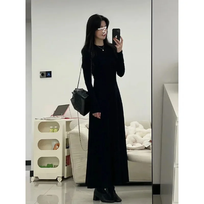 Hebe estilo preto vestido de manga longa feminino interior usar base camada vestido outono inverno nova chegada fino ajuste elegância francesa
