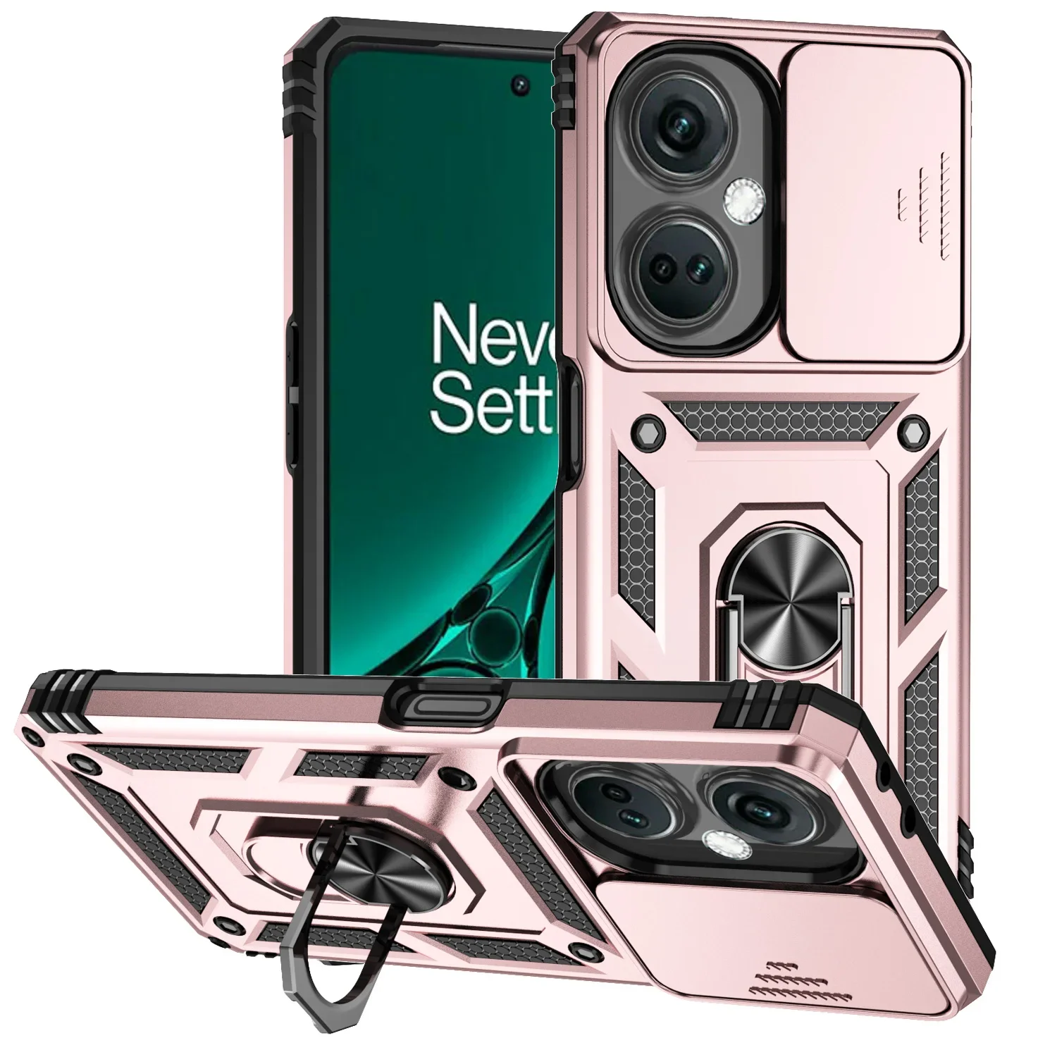 Armor Shockproof Phone Case with Metal Ring Holder and Slide Camera Lens Protector