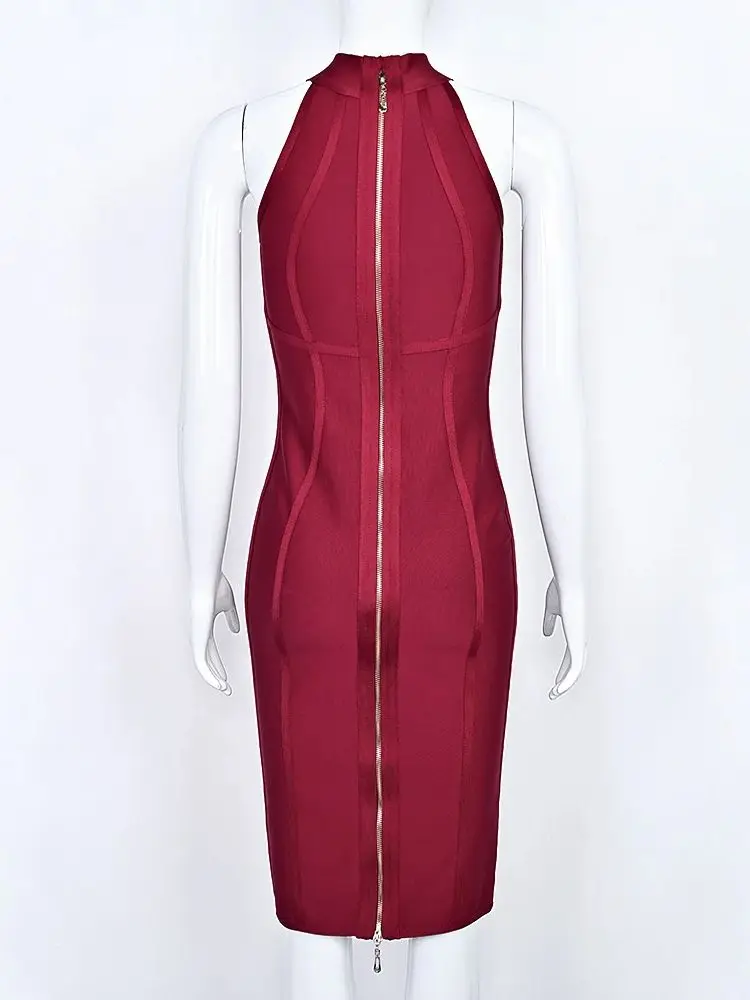 BEAUKEY Vintage Wine Red Evening Bandage Dress Women