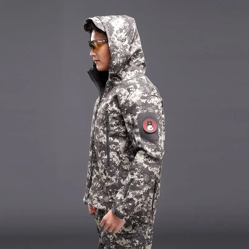 ACU Mixed Color Kit Men's Splash-proof Fleece Hooded Jacket+Multi-pocket Windproof Softshell Casual Pants Winter Work 2Piece Set 6