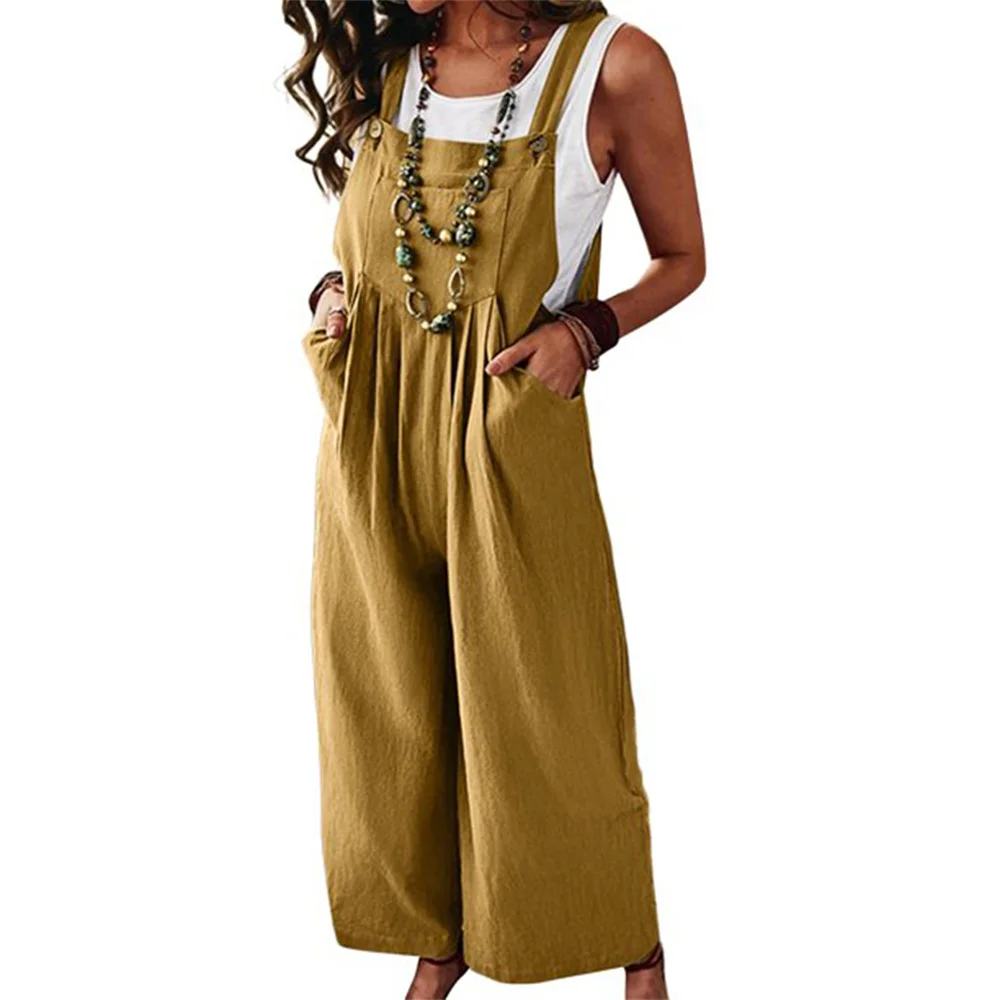 

Women Casual Bib Overall Femlae Straps Jumpsuit Summer New Solid Color Wide Leg Pants Sleeveless Loose Rompers with Pockets