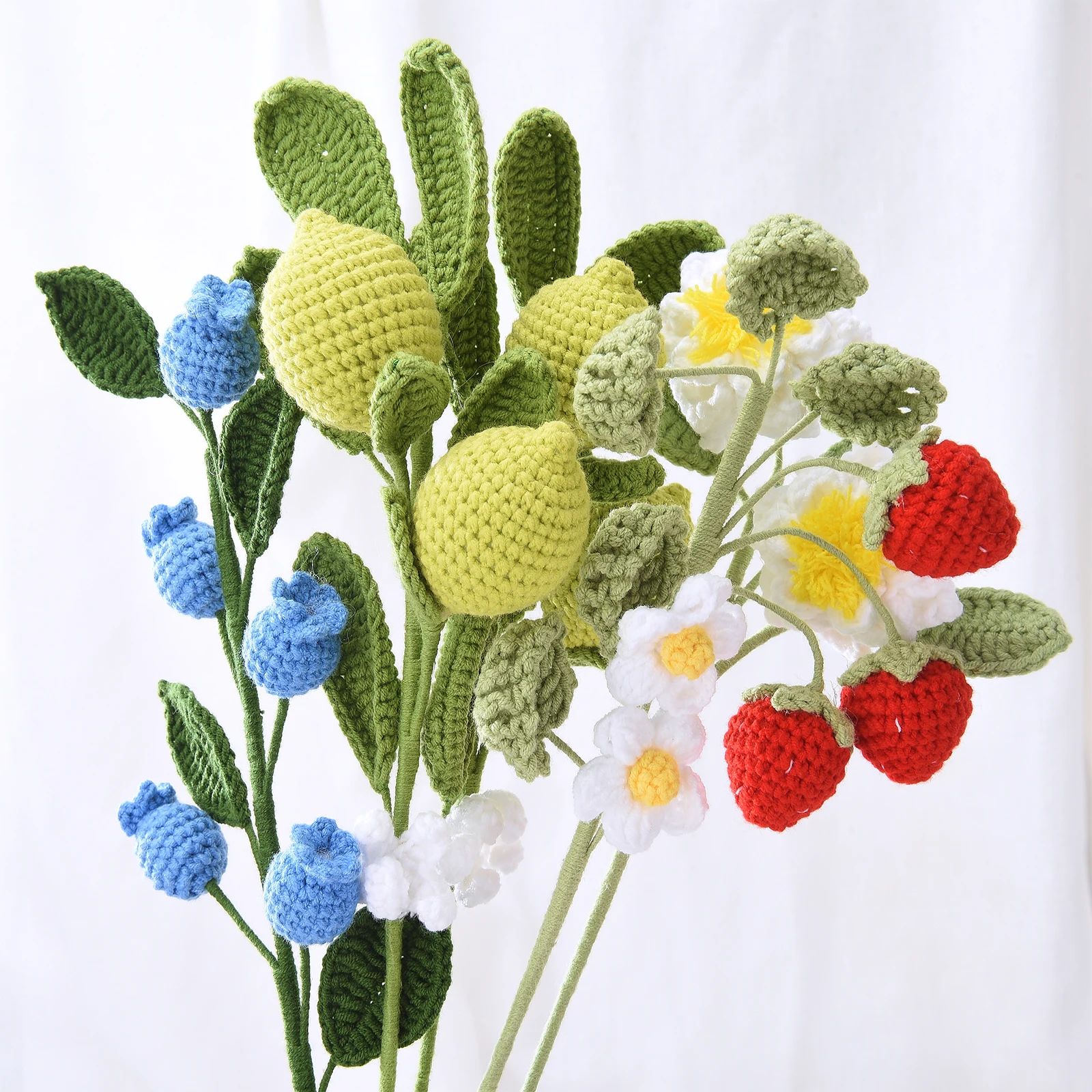 

Handmade Knitted Crochet Finished Lemon Strawberry Blueberry Gardenia Bouquet Valentine's Mother's Teacher's Day Gift Home Decor