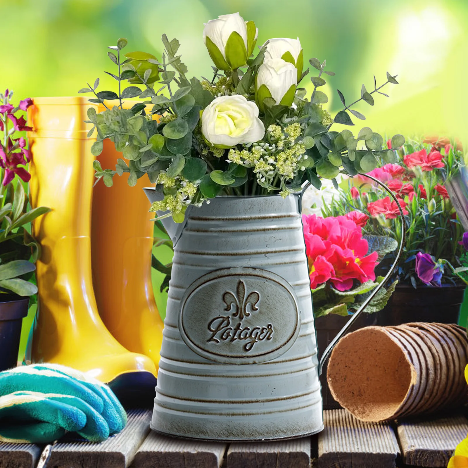 Vasca in metallo zincato vintage, fioriera da giardino sovietica, decorazione rustica, 20L o 13L - Italia