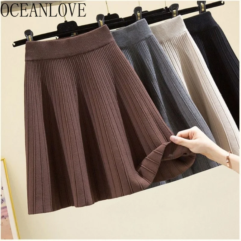 

A-line Mini Skirts Knitting Solid High Waist Autumn Winter All Match Women Skirt Korean ashion Retro Jupe emme