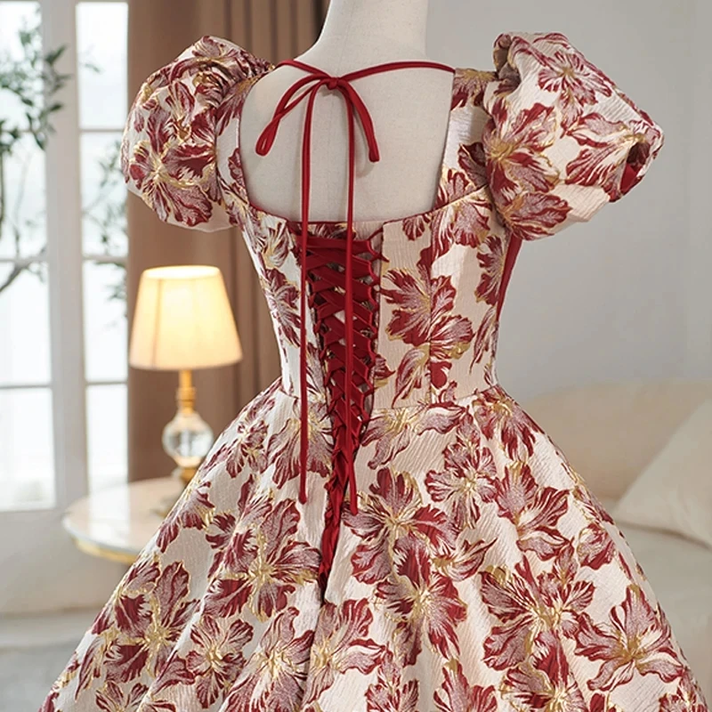 Evening Dress Red Embroidery Satin Floor Length Short Sleeves Square Collar Lace Up Plus Size Women Party Dresses Customized