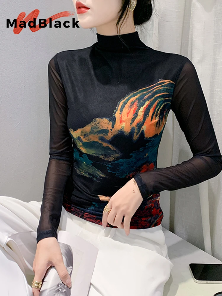 

MadBlack European Clothes T-Shirts Women Sexy High Neck Position Print Slim Mesh Tops Long Sleeves Tees Autumn Winter T39472JC