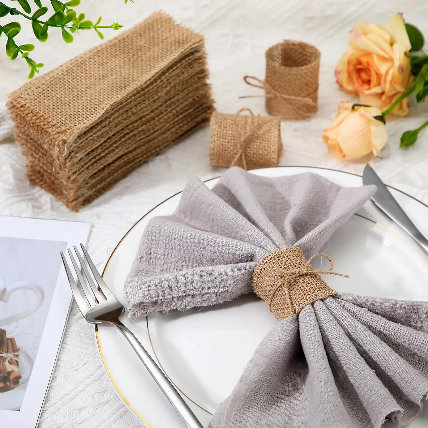 Description Picture 3 of item100pcs Natural Burlap Napkin Ring with Jute Rope Set Disposable Napkin Band Bulk Table Decor Wedding Dinner Country Party Decor