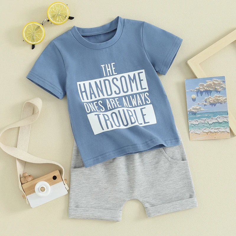 0-3Y Toddler Baby Boys Clothes Sets 2pcs Short Sleeve Letter Print T Shirts Tops + Elastic Waist Shorts FOCUSNORM