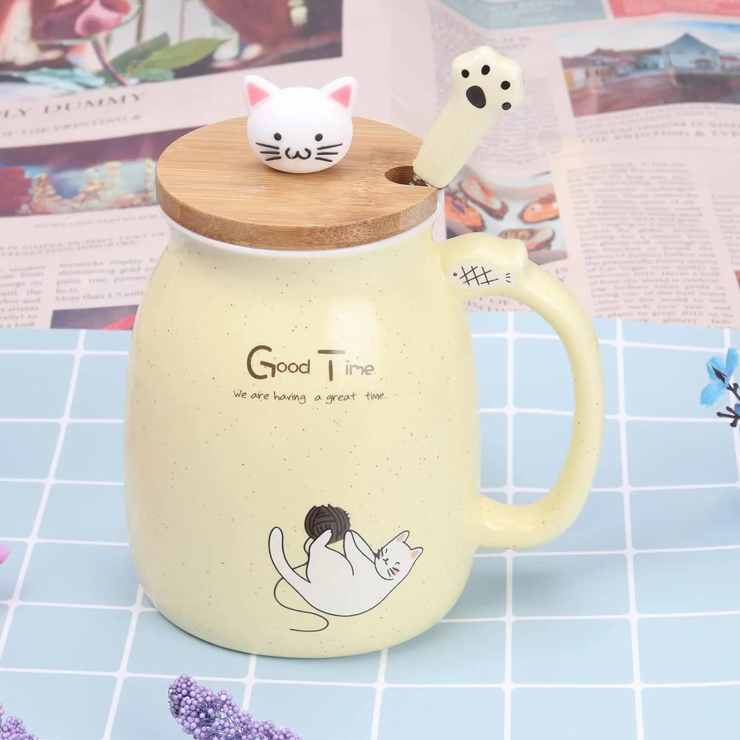 Cute Cat Mug with Lid and Spoon