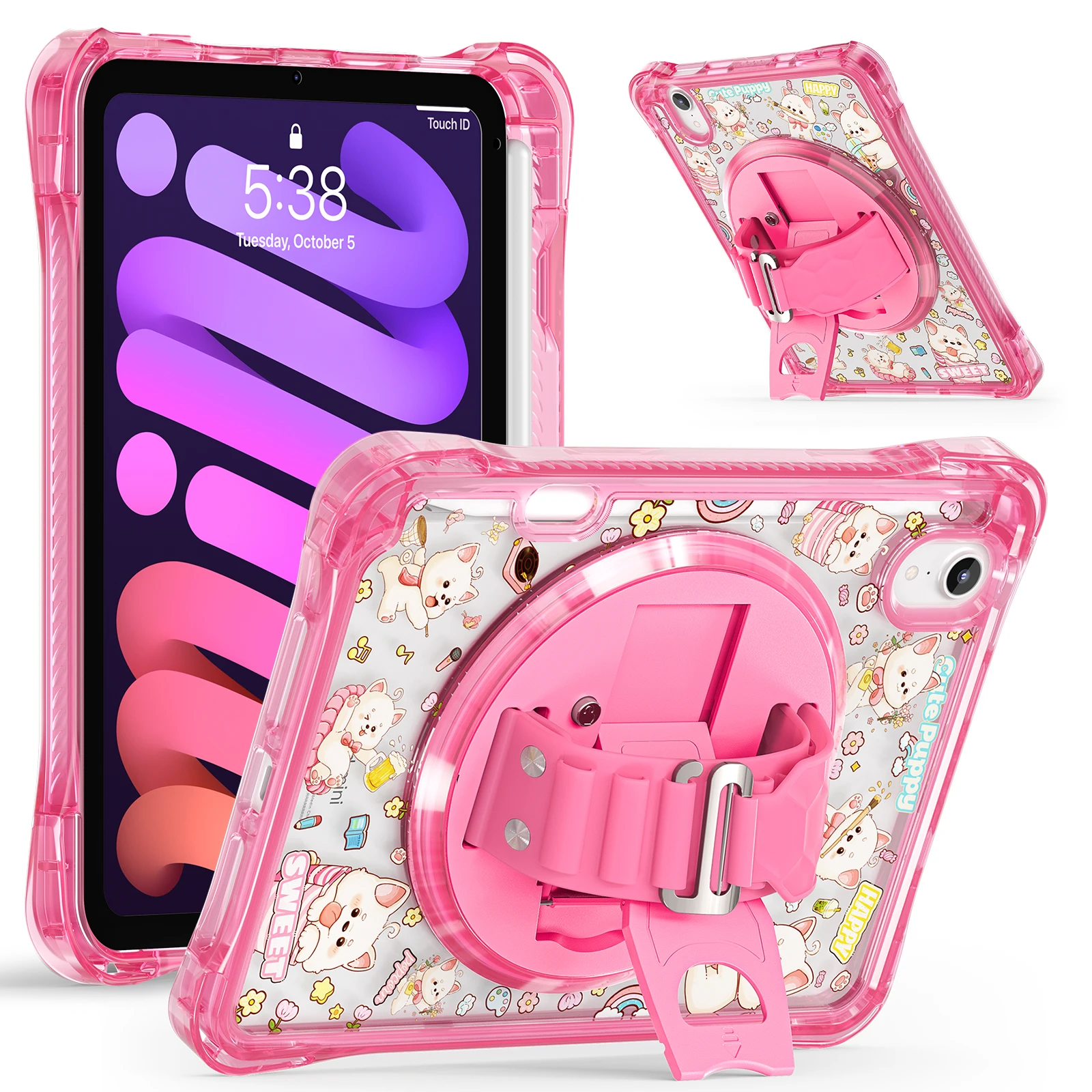 Shockproof Transparent Cartoon Tablet Case with Back Strap and Hand Stand