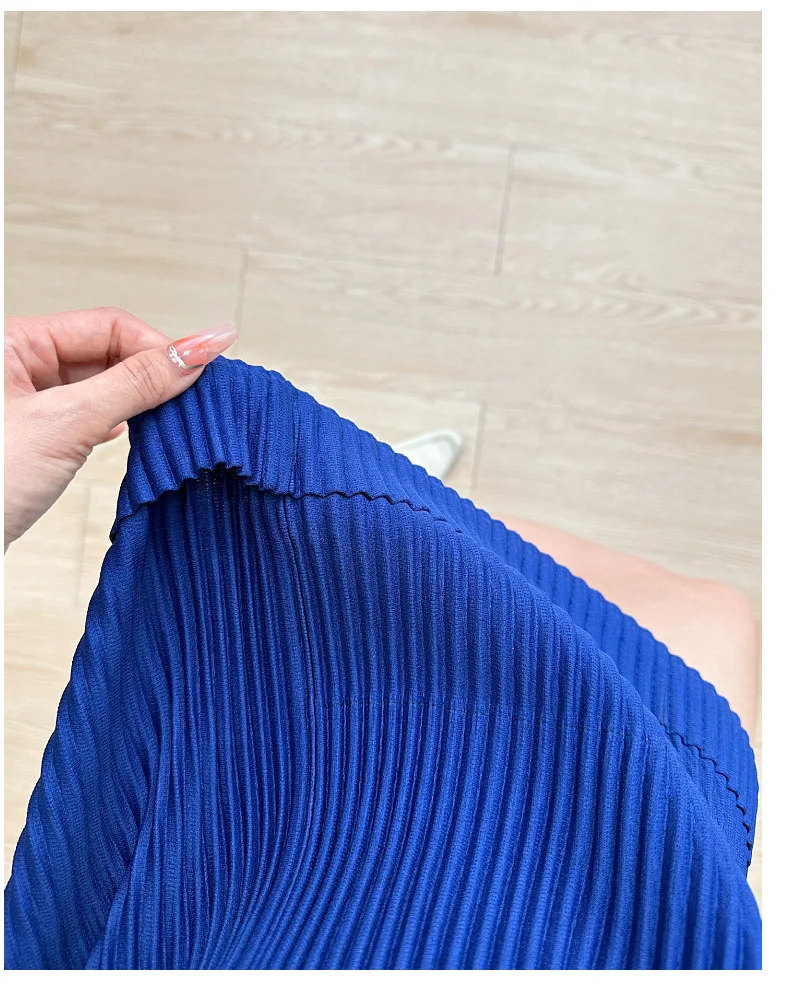 Pleated Shorts blue  miteigi Issey Miyake workwear Women's Wide Leg split High rise Waist Drop ribbed Straight Casual short-pants for woman in dark navy  Summer womens Fashion